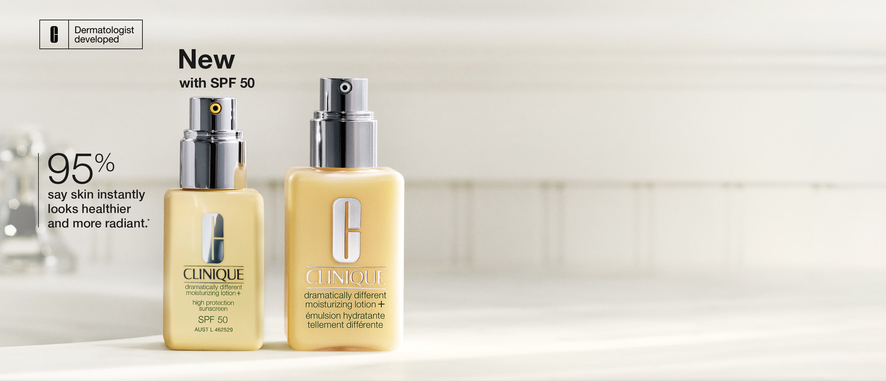 New Dramatically Different Moizturising Lotion SPF 50 bottle on a modern bathroom counter top