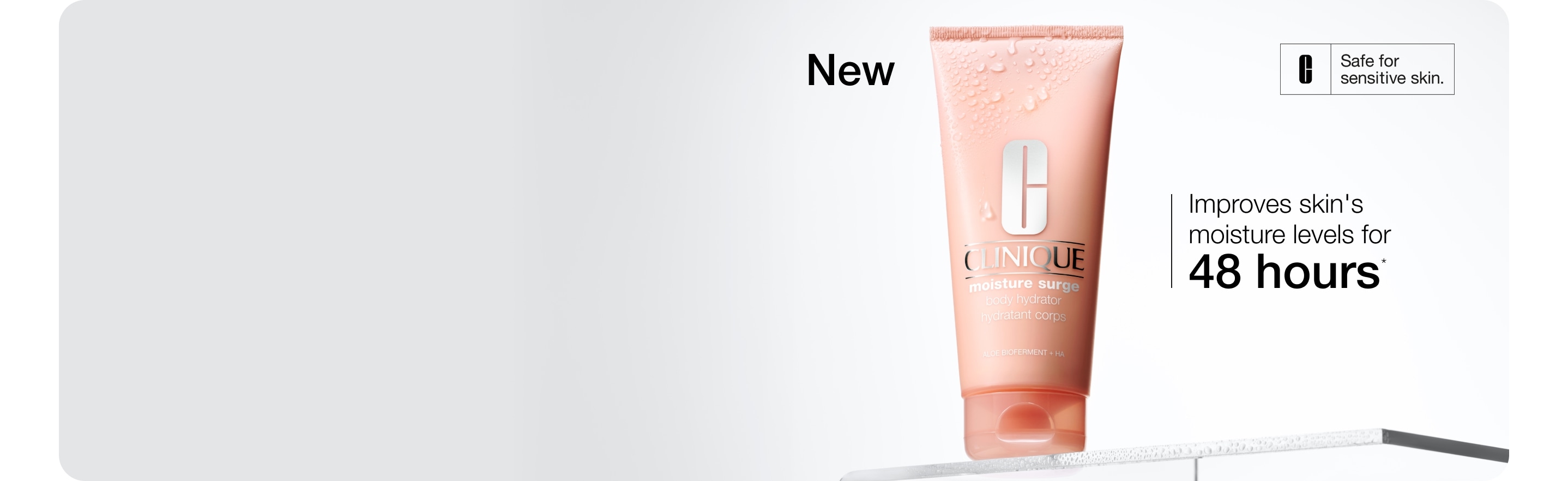 Two deluxe Clinique minis on a grey shelf, with illustrated black and green flowers to the left and right