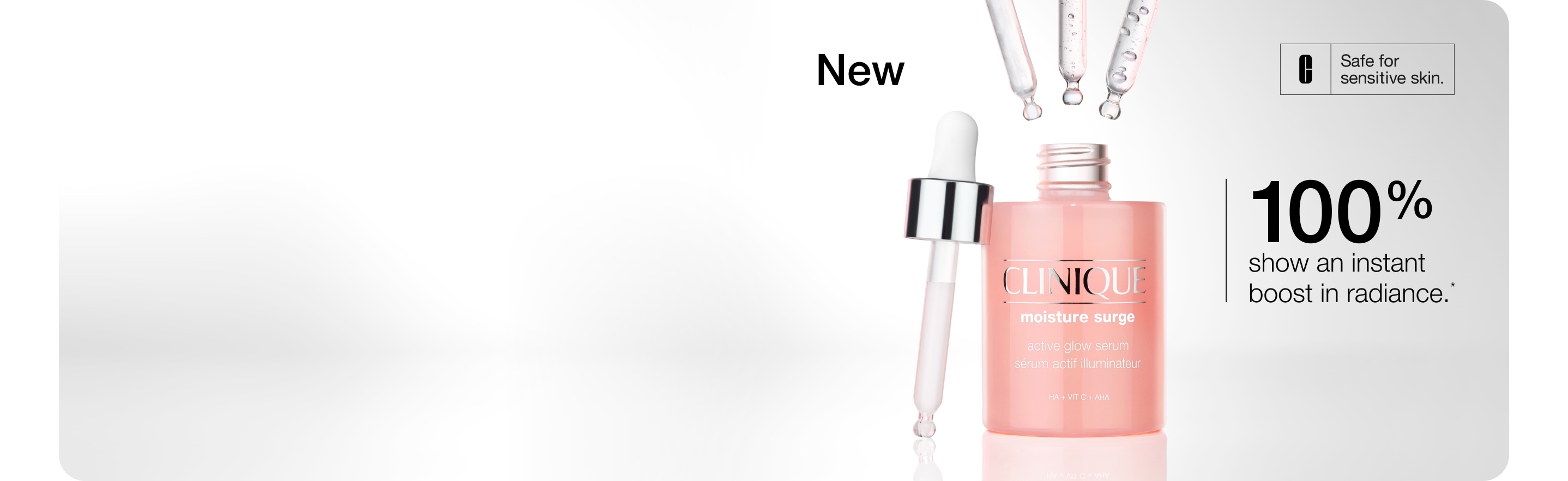 Two deluxe Clinique minis on a grey shelf, with illustrated black and green flowers to the left and right