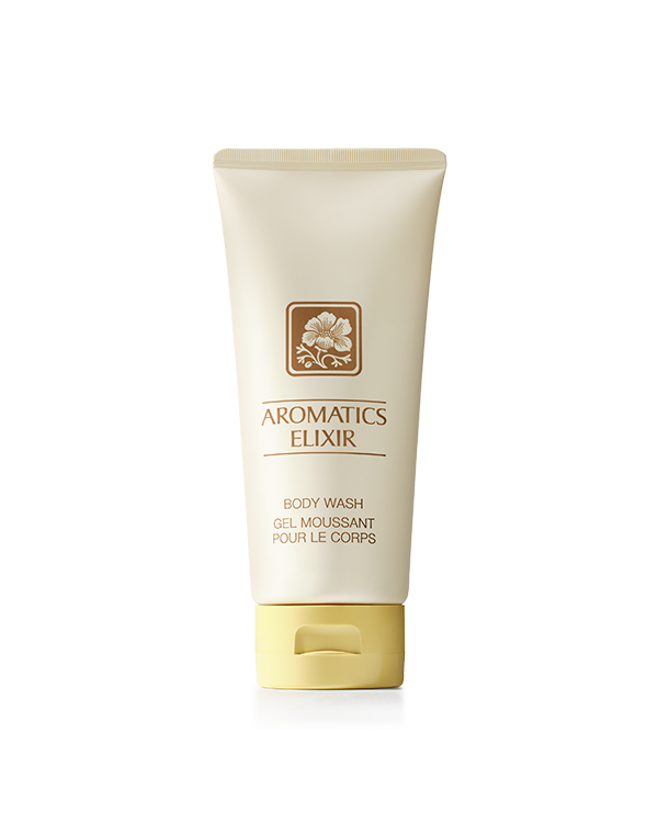 Aromatics Elixir Body Wash, A shimmering gold gel that gently washes the body with fragrance. For shower or bath.