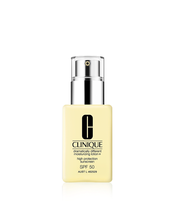 Dramatically Different Moisturizing Lotion+ SPF 50, Lightweight moisturising lotion strengthens skin’s barrier, instantly boosts moisture, and helps protect with SPF 50 without leaving a white cast.