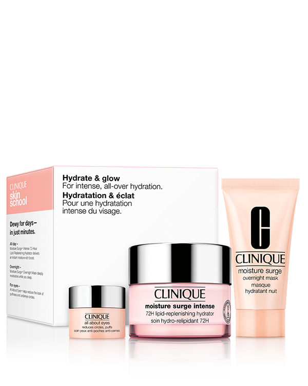 Intense Hydrate + Glow Skincare Gift Set, 3 skincare favourites for intense, all-over dewy hydration in one hydrating skincare gift set, including a full-size Moisture Surge™ Intense 72H Lipid-Replenishing Hydrator moisturiser.