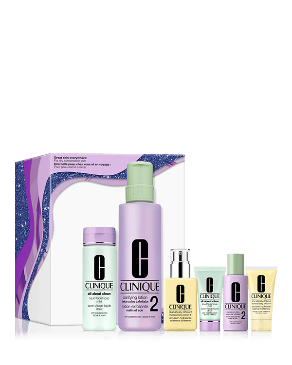 Great Skin Everywhere 3-Step Skincare Set For Dry Skin, Clinique’s three signature steps for glowing skin—one set for home, one for travel. Customized for drier skin types. $244 value.