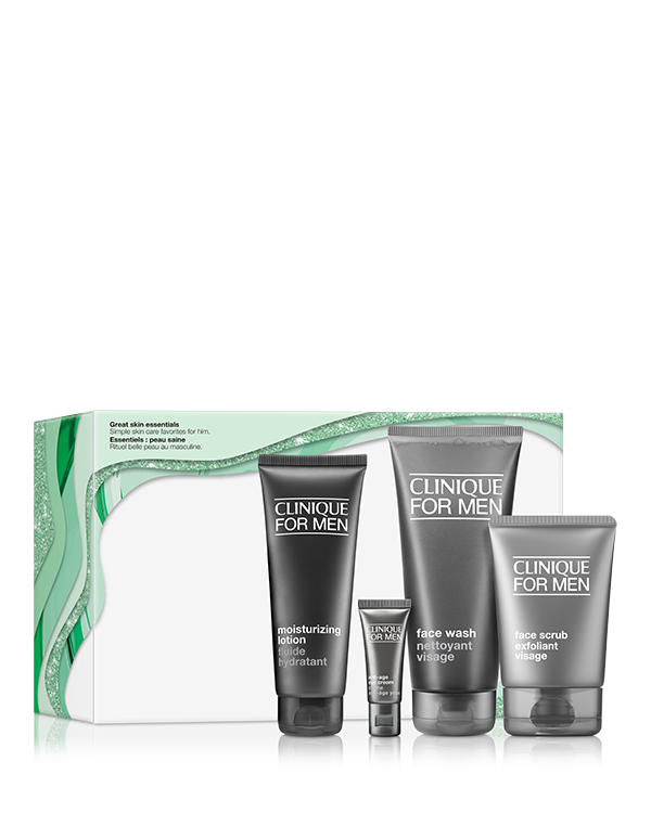 Clinique For Men Great Skin Essentials, 4 full-size skincare favourites to keep him looking and feeling his best in this men&#039;s skincare gift set. Worth $224.