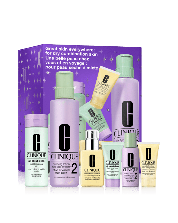 Great Skin Everywhere: Dry Combination, Clinique’s signature 3-Step Skin Care System for healthy-looking skin—one set for home, one for travel.&amp;nbsp;