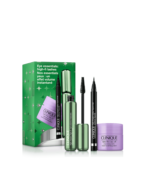 Eye Essentials: High-Fi Lashes Mascara Set, A makeup trio featuring our loudest mascara and liquid eyeliner pen, plus an easy way to take them off.