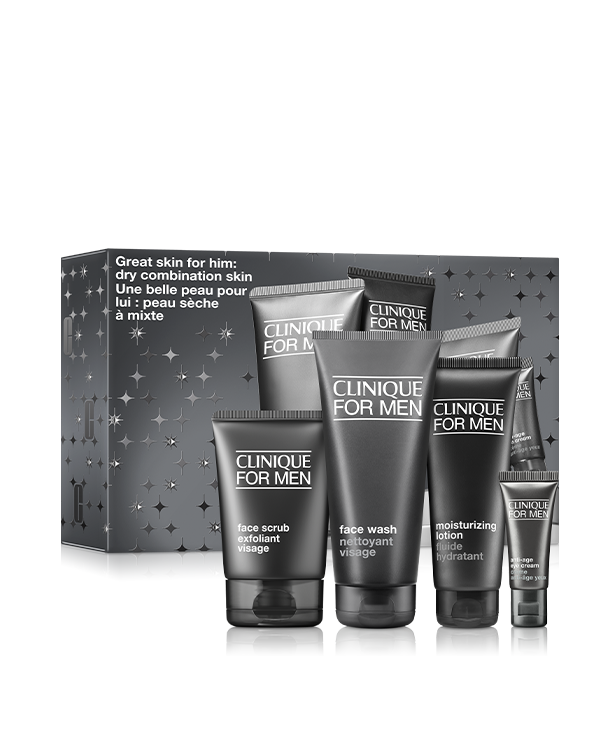 Great Skin for Him: Clinique For Men Set For Dry Combination Skin, A collection of skincare essentials for drier skin types.
